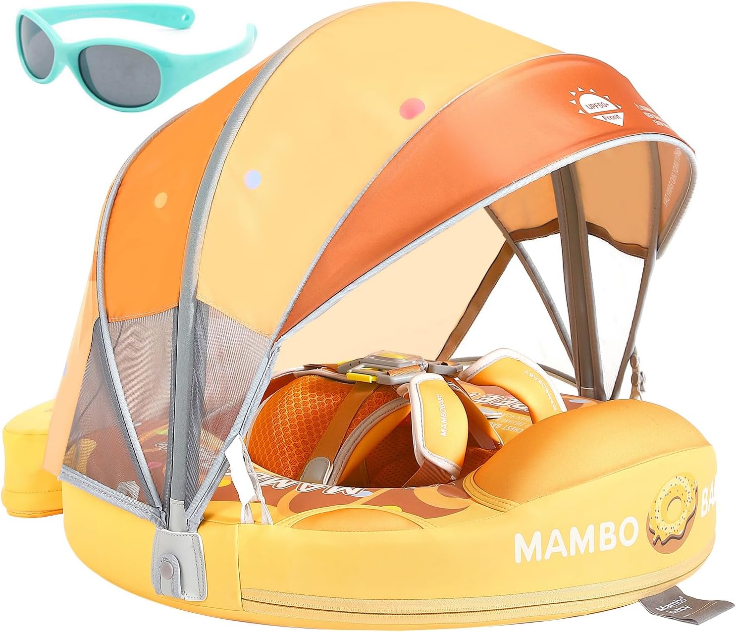 大きな浮力と快適性 Mambobaby Float キャノピーとテール付き アップグレード インフレータブルでないベビープールフロート マンボフロートスイムトレーナー ソリッド幼児用スイムフロート 調節可能なパールフォームベビースイムリング