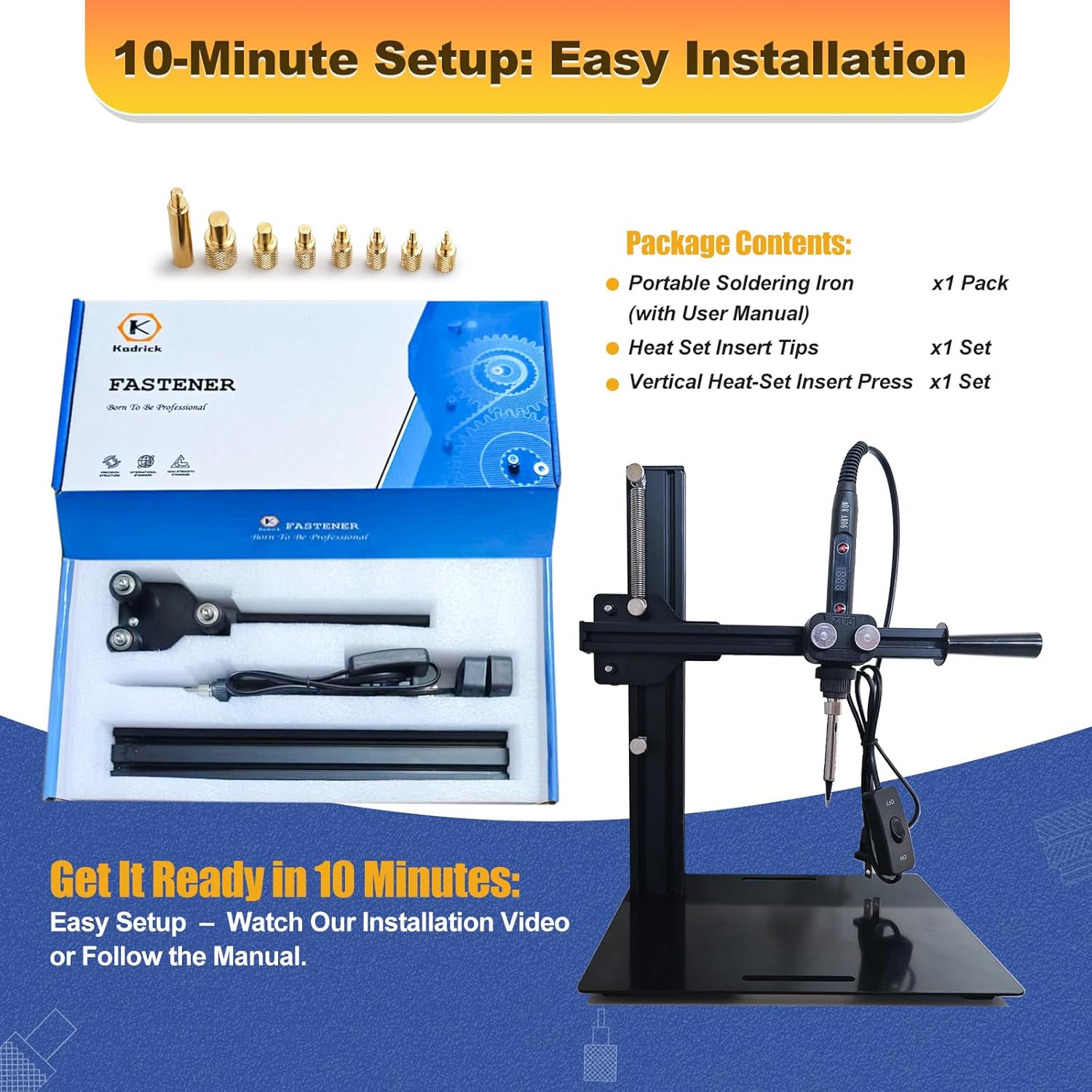 Kadrick Vertical Heat-Set Insert Press Machine with 80W Digital Temperature-Controlled Soldering Iron (with Power Switch) Supports M2–M8 Inserts,Precision Heat-Set Tool for 3D Printed Plastics