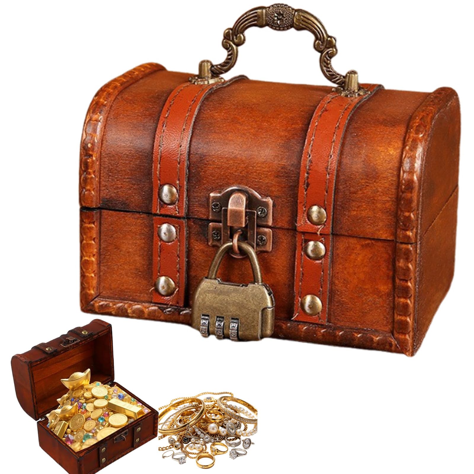 DXPETA Wooden Treasure Chest, Keepsake Storage Box with Secure Lid, Decorative Wooden Box for Home Organisation, Pirate Themed Wooden Gift Box, Compact Wooden Storage Chest for Valuables