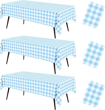 misaya 3 Pcs Baby Blue White Buffalo Gingham Plastic Disposable Table Cloth