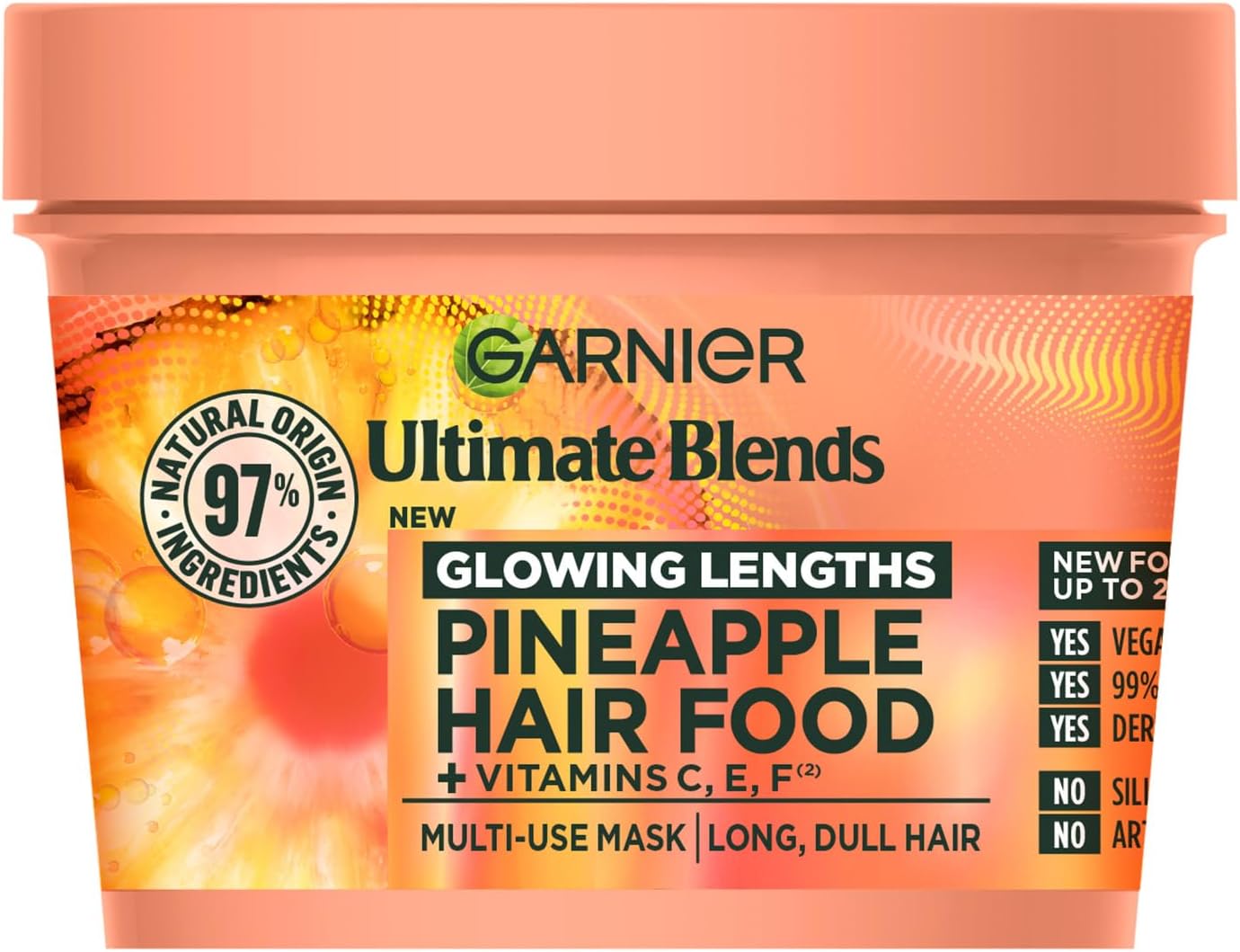 Garnier Ultimate Blends Pineapple Hair Food Multi-Use Mask, Glowing Lengths for Fine Hair, Up to 2X Less Split Ends, Boosted with Vitamins C, E, F, 400ml, No Artificial Colorants, Cruelty Free, Vegan