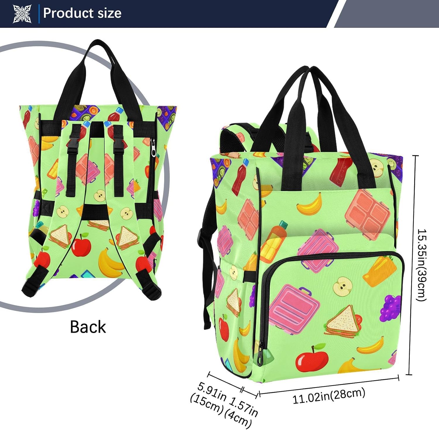 Diaper Bag Backpack, Colorful Lunch Food Baby Diaper Bag - Waterproof Multifunction Travel Diaper Bag with Pacifier Case, Stroller Straps & Insulated Pocket - Unisex