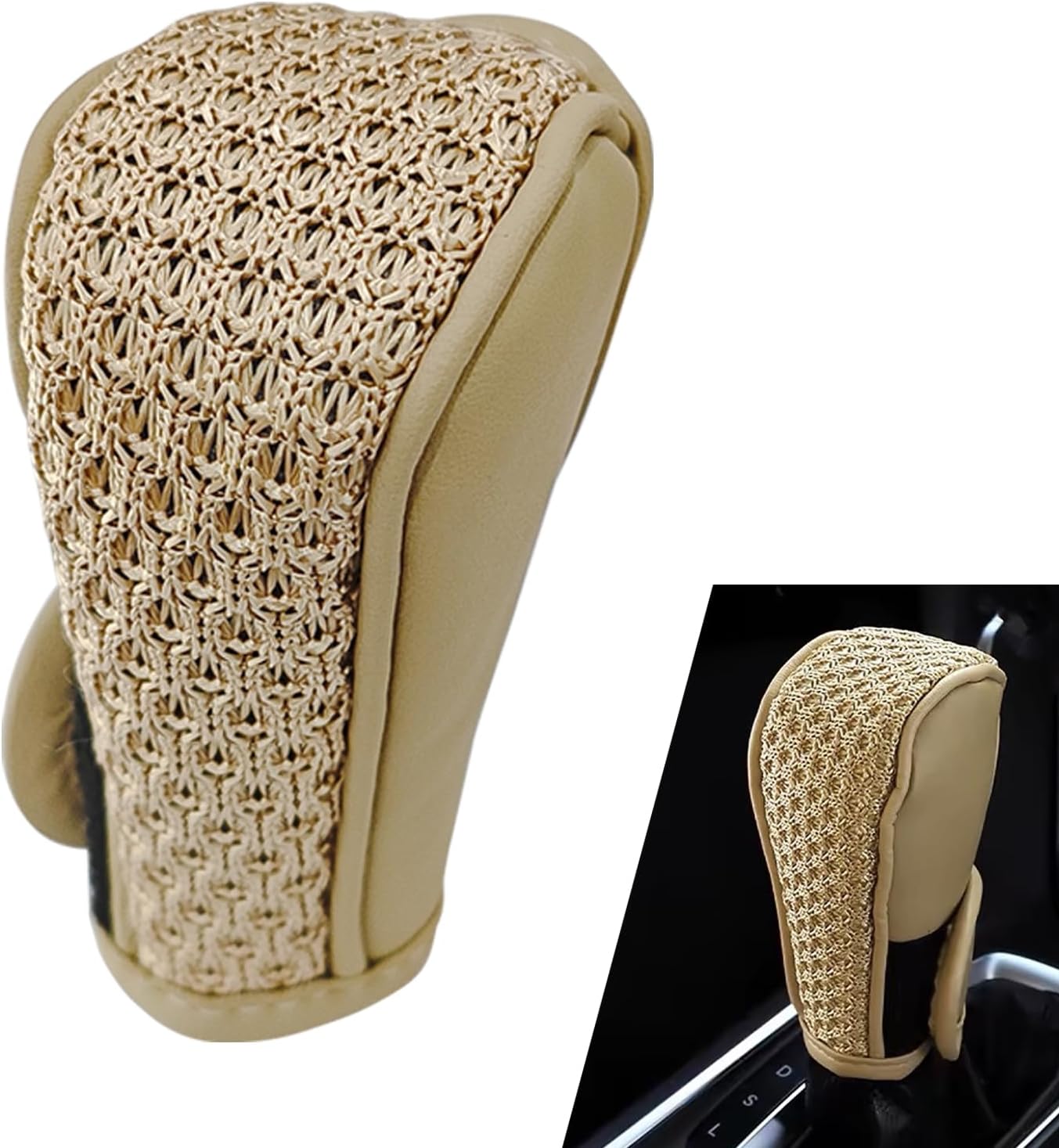 Gear Shifter Knobs Cover 2.75In x 4.72In Stick Shift Cover Anti-Slip Breathable Leather Hollow Weave Shift Knob Cover Gear Handle Protector Cover, Interior Decoration Accessories(Beige)