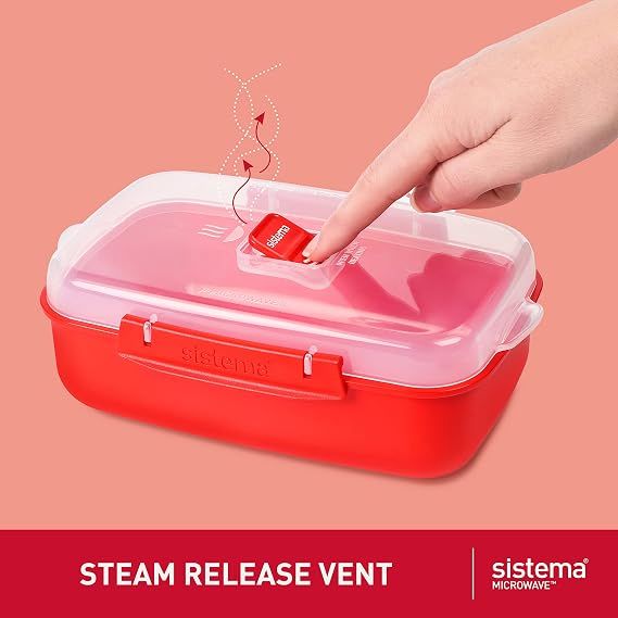 Sistema Heat and Eat Microwave Set | 4 Rectangular Food Containers with Lids (2x 1.25L + 2x 525ml) & Breakfast Bowl | Round Container | 850 ml | Red | 1 Count