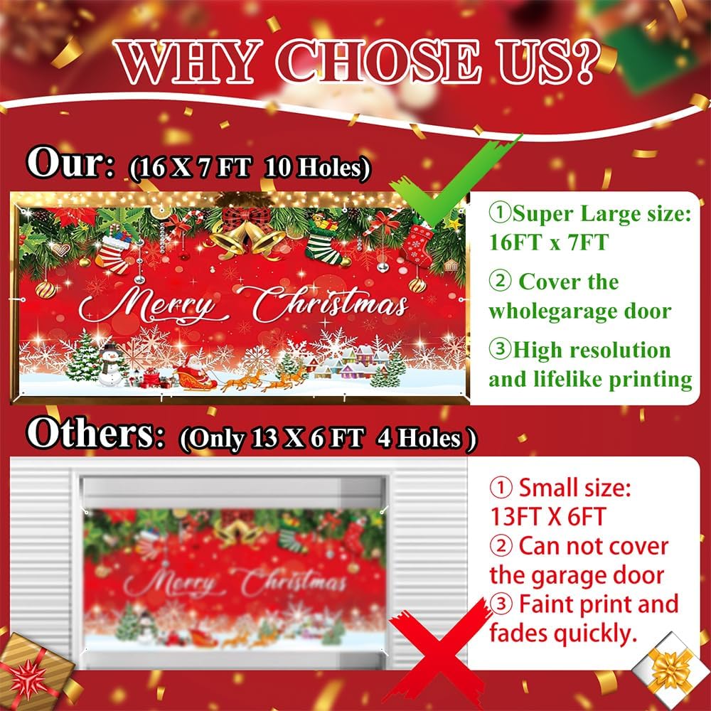 Christmas Garage Door Decorations Cover Banner Backdrop,Merry Christmas Winter Holiday Garage Door Cover Banner,Santa Claus Snowman Elk 7x16ft 2 Car Xmas Garage Door Cover Outdoor Holiday Decorations