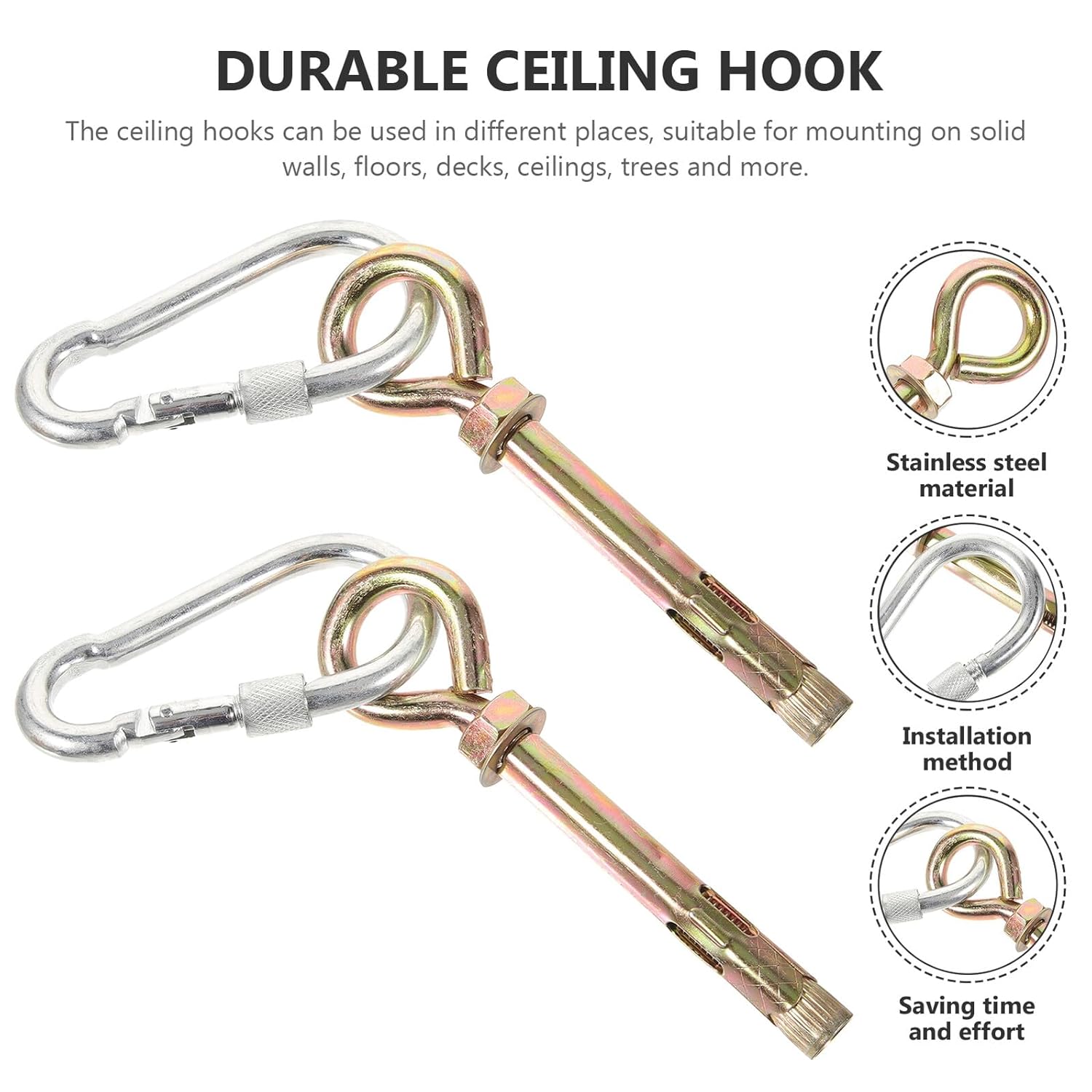 Kisangel Heavy Duty Ceiling Hooks for Swing Chair Hanging, Stainless Steel Drop Ceiling Hangers with Locking Hook and Expansion Anchors, Indoor and Outdoor Hammock Mounting Set