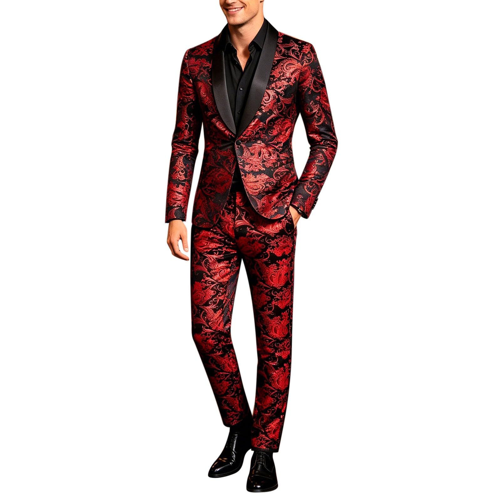 Generisch Tuta da uomo, 2 pezzi, classico, oro floreale, jacquard, slim fit, per matrimonio, ballo, smoking, casual, giacca e pantaloni, motivo cachemire, smoking, per matrimoni e feste