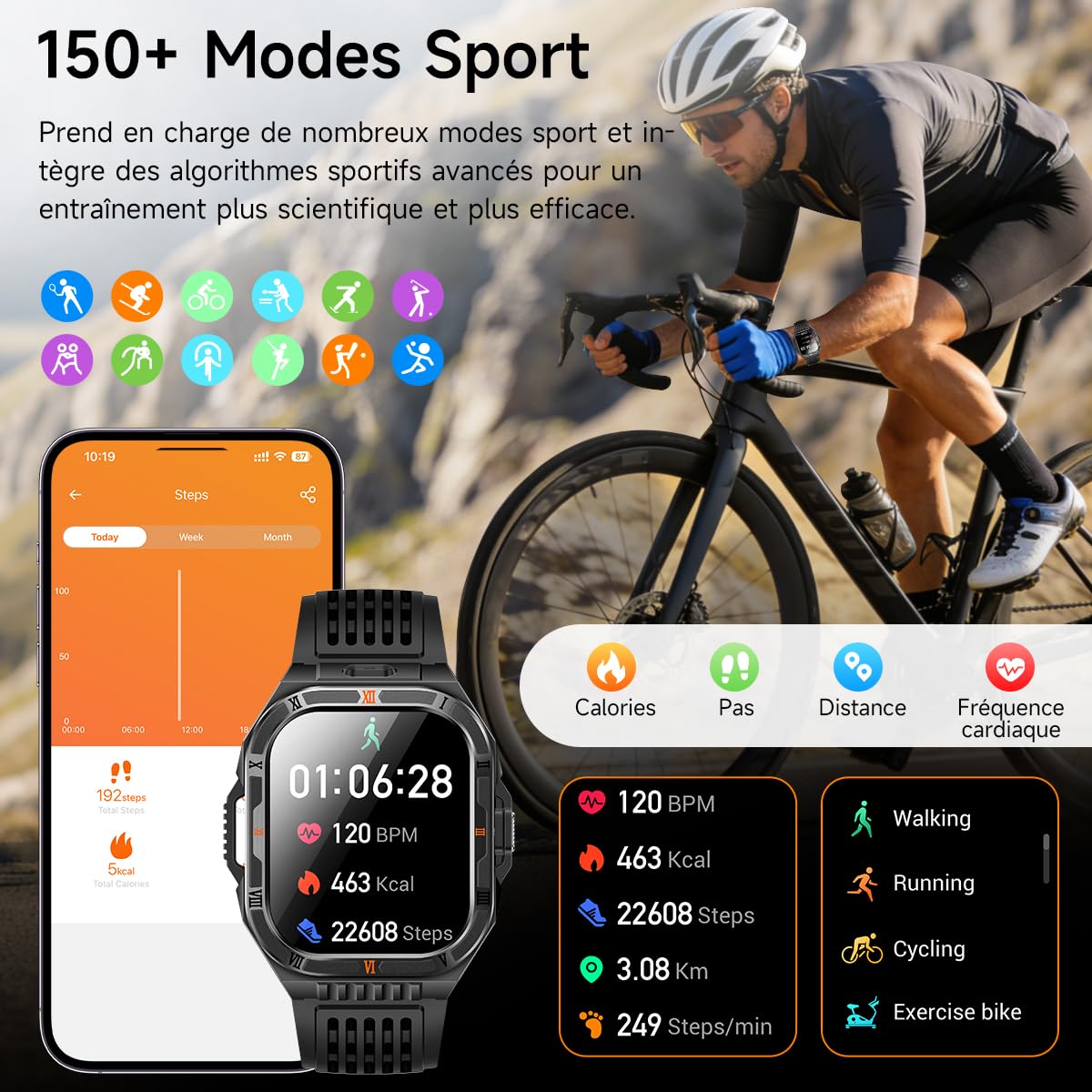 Montre Connectée Homme Militaire, 2.01" HD Grand Écran avec 1100 mAh Batterie/LED Lampe,Smartwatch avec 150 Modes Sportifs/Fréquence Cardiaque/SpO2/Sommeil Monitor, IP68 Étanche pour Android iOS