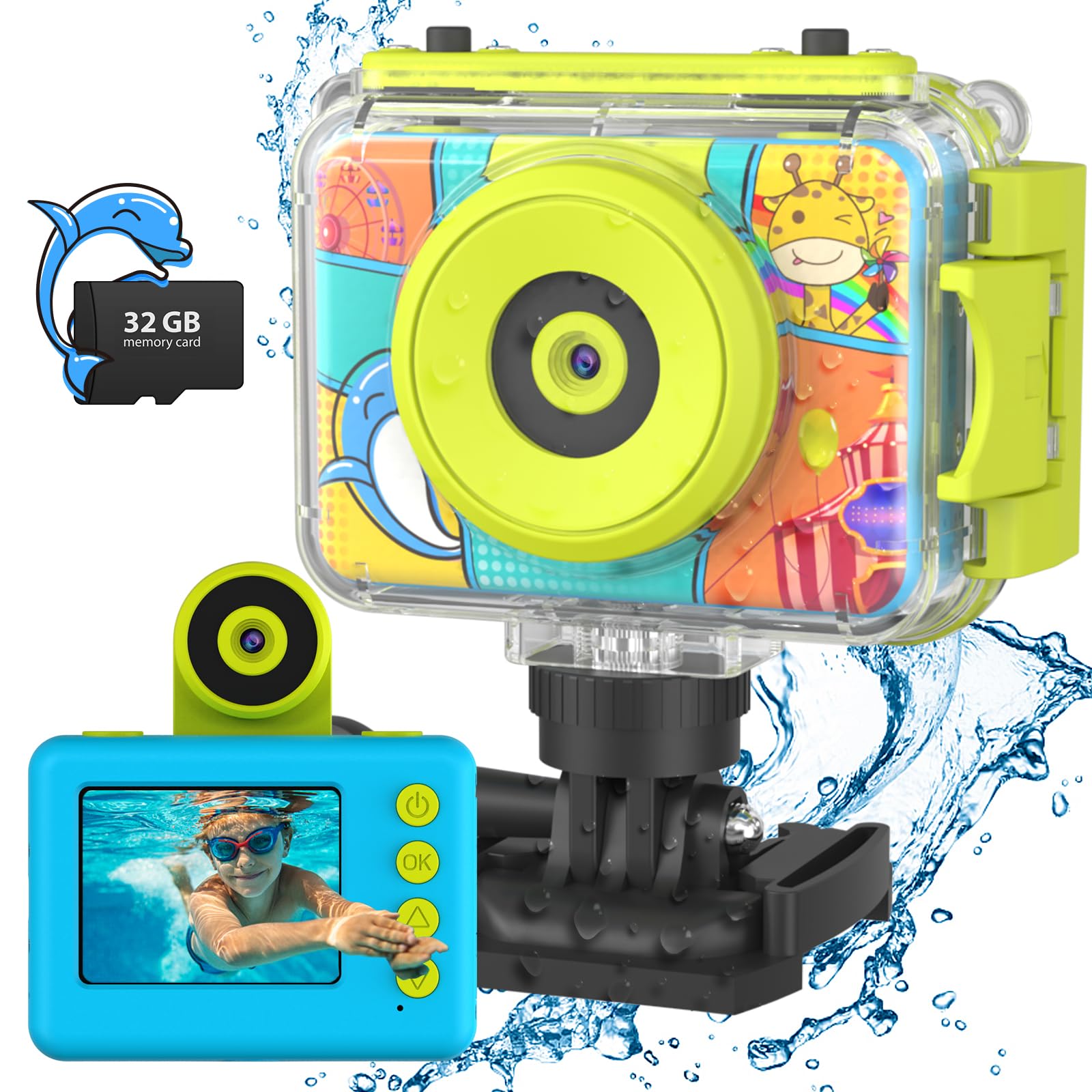 CHAKEYAKE Macchina Fotografica Impermeabile Bambini, 1080P Fotocamera Bambini Subacquea con 180 °Flip Len Scheda SD 32G,Fotocamera Digitale Bambini Regalo Compleanno Natale Bambino e Bambina 3-12 anni