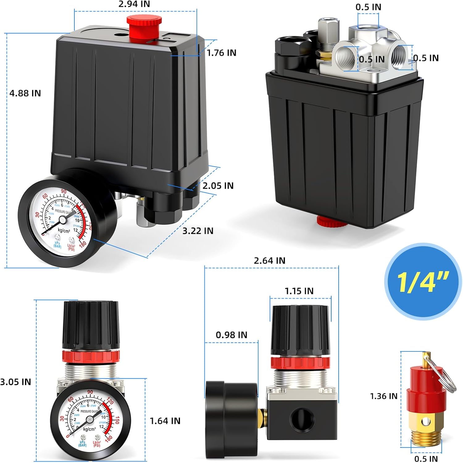 MEANLIN MEASURE Air Compressor Pressure Switch Control Valve 90-120 PSI 110V-240V 4-way Replacement Parts With 0-180 Psi Air Compressor Regulator and Safety Pressure Relief Valve
