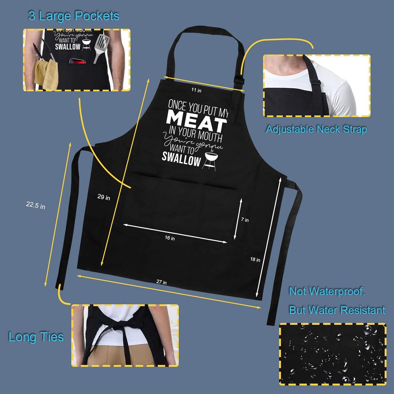 Miracu Funny Cooking Aprons for Men Husband - Valentines Day, Birthday Funny Male Gifts for Mens Best Friend, Gifts for Male Friends Guy Boyfriend Chef Him, Grilling Grill BBQ Apron for Men w/Pockets - Image 3