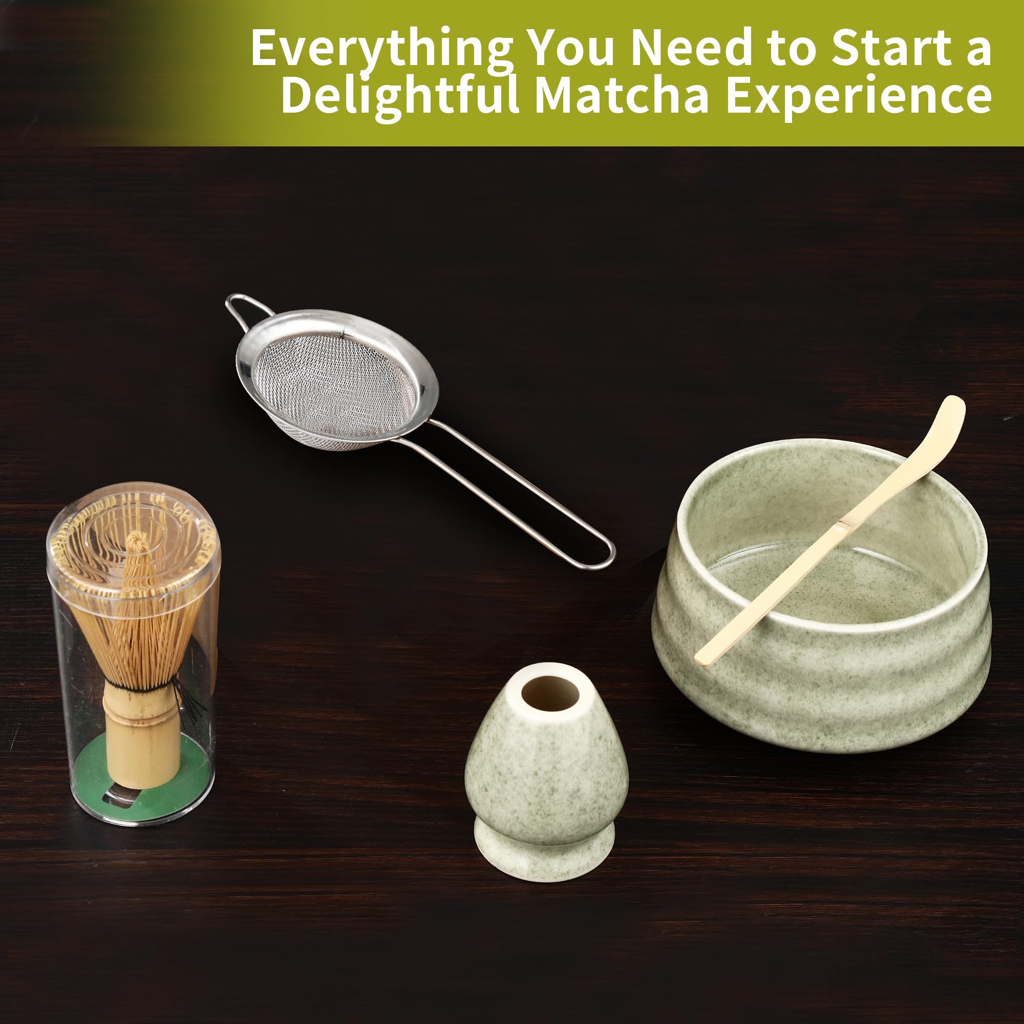 Matcha Kit da 5 pezzi: ciotola per matcha, frullino Baibenli, supporto per frullino, filtro, cucchiaino.Set Matcha adatto ai principianti.