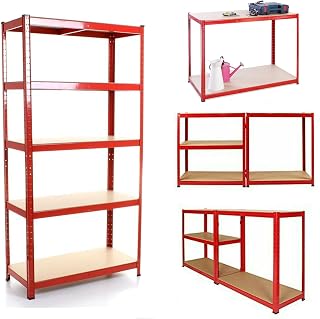 DayPlus Red 5 Tier Boltless Heavy Duty Garage Shed Storage Shelving Units, Strong Industrial Steel & MDF Racking Shelves, 875kg Capacity | 175kg Per Shelf, 180 x 90 x 40 cm