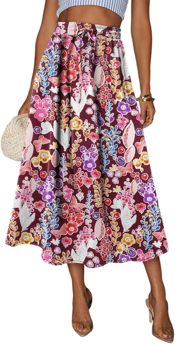 Magritta Women's Print Midi Skirt with Pocket Elastic High Waist 2026 Trendy A-Line Bohe Leopardr Swing Skirts for Women