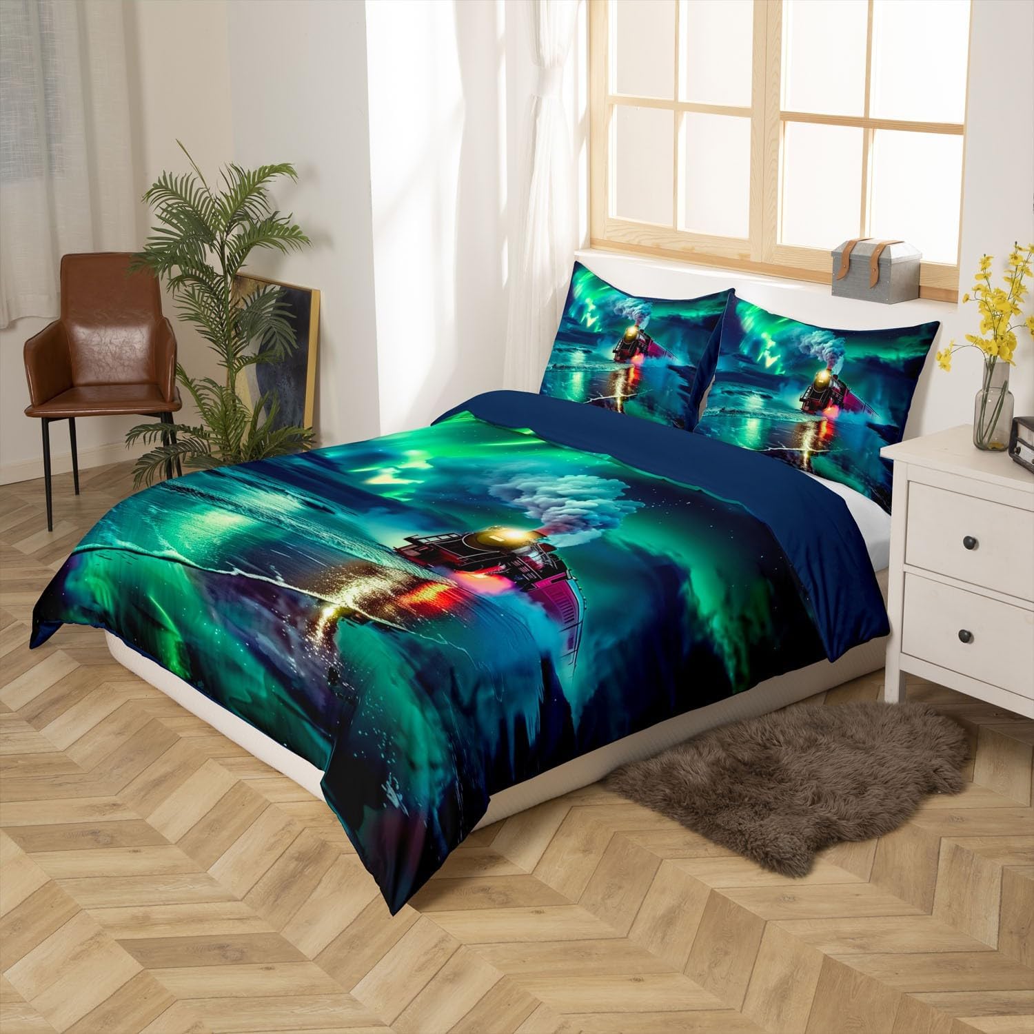 Erosebridal Kids Red Train Toddler Bedding Set Retro Steam Engine Comforter Cover for Boys Teens Vintage Locomotive Green Polar Lights Duvet Cover,Vehicles Galaxy Bed Cover,Soft