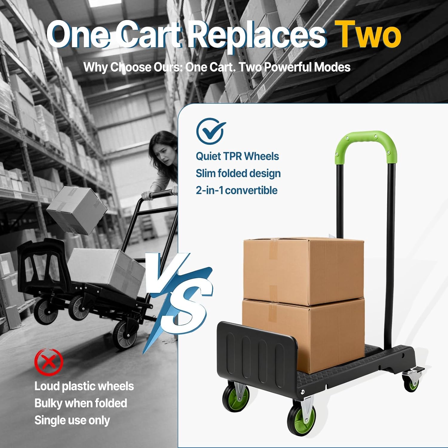 2-in-1 Folding Hand Truck & Dolly Cart, Convertible Hand Truck with Flat Platform, Quiet TPR Wheels, Lightweight 12.5lb, 264 lb Flat / 176 lb Upright Capacity, Compact Cart for Moving, Boxes & Luggage