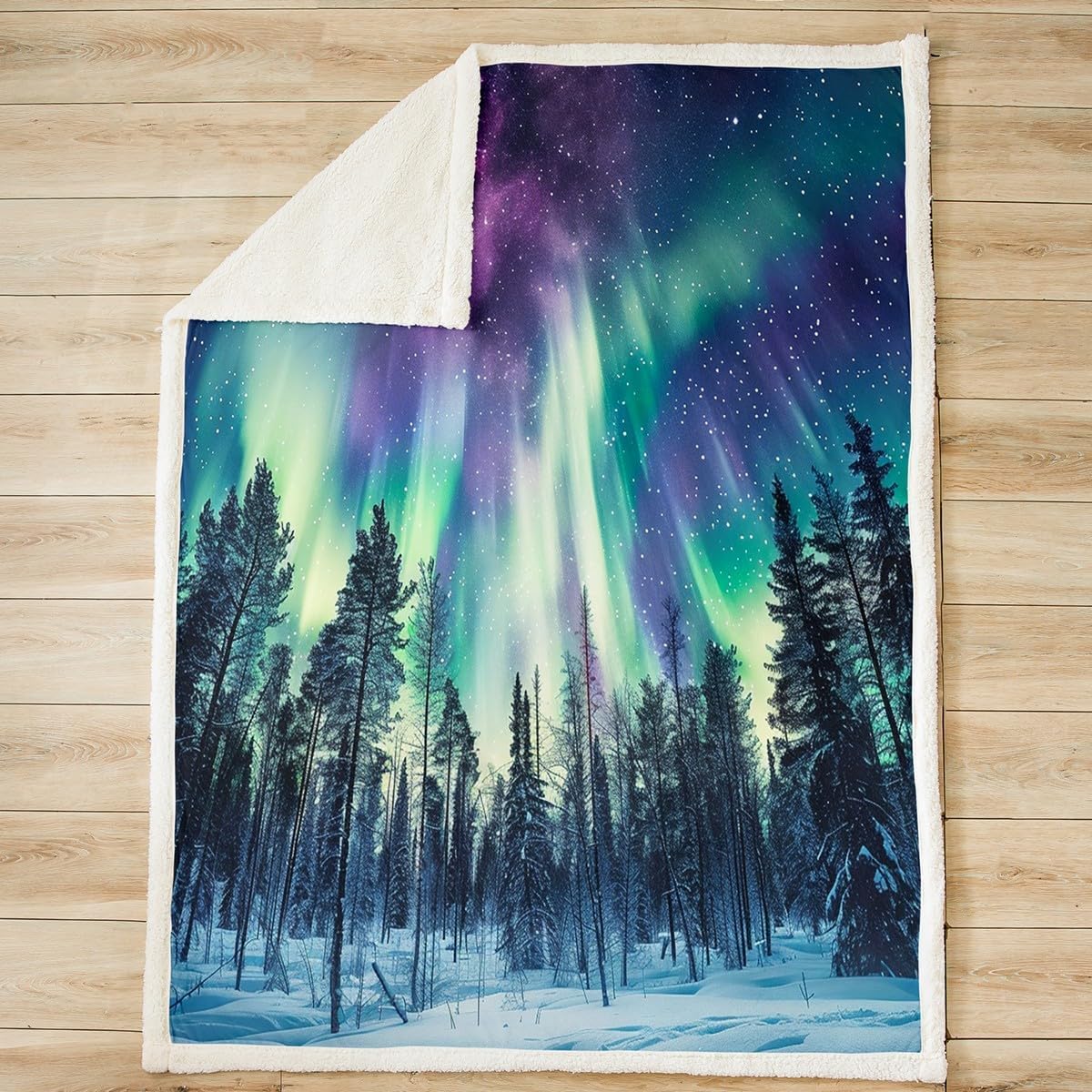 Northern Light Plush Blanket Galaxy Pine Trees Fleece Throw Blanket for Sofa Couch Bed Starry Sky Aurora Sherpa Blanket Room Decor Aurora Theme Fuzzy Blanket Green Purple Twin 60x80 Inch