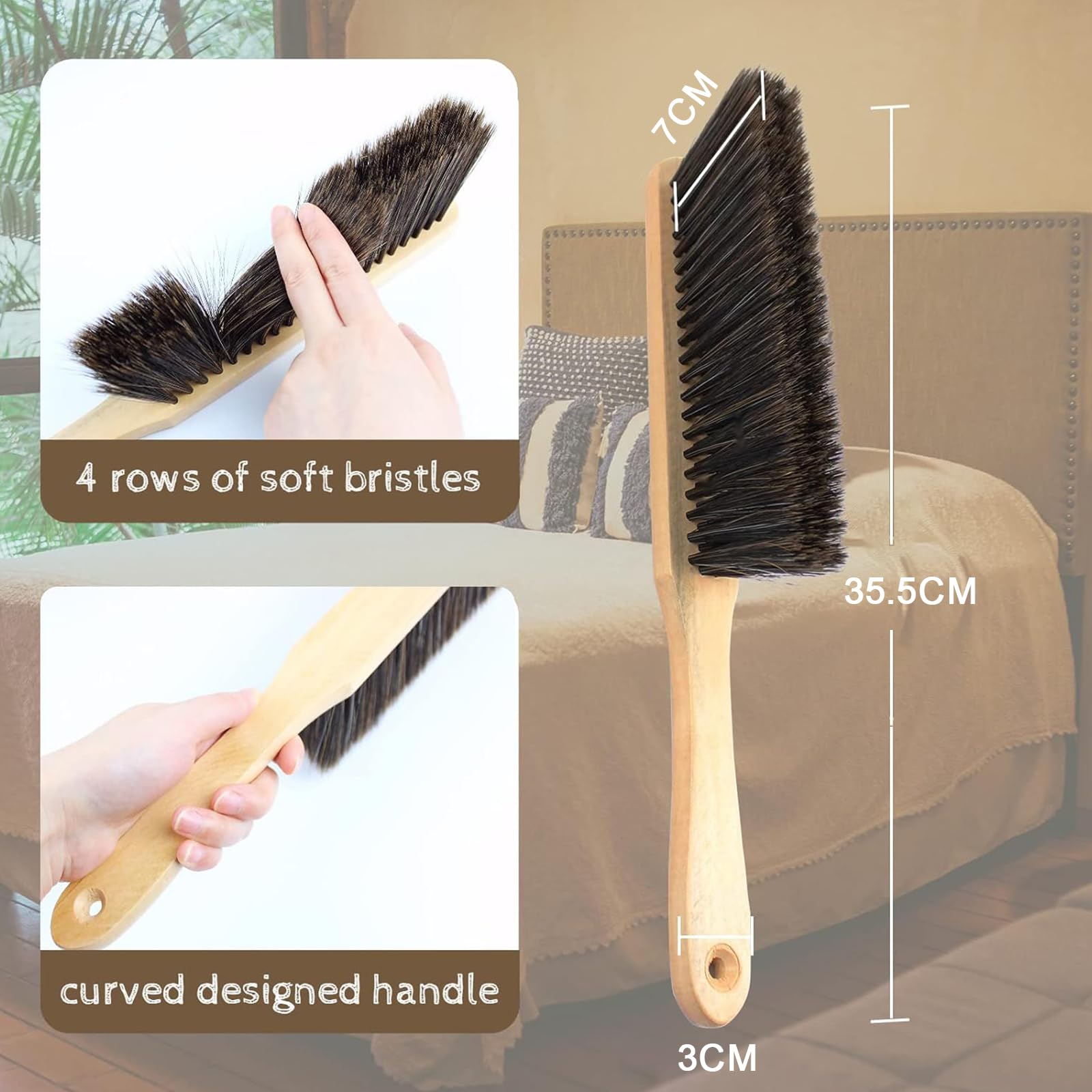KU 2 Escobillas de Mano con Cuerda de Suspensión y Ganchos, 35cm Cerdas Suaves de PP, Mango de Madera Cepillo de Cerda - Ideal para Hogar, Jardín, Terraza, Coche, Taller (Marrón)
