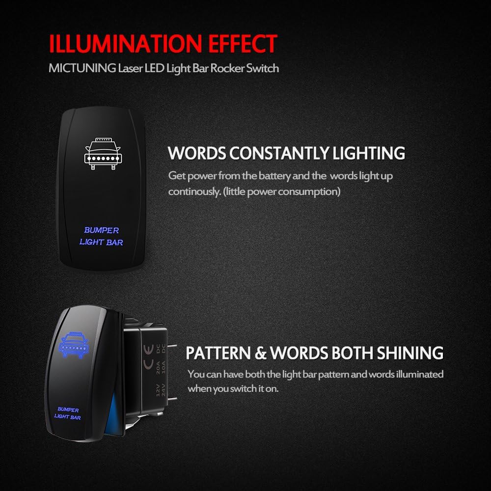 MicTuning LS081502JL Backlit Bumper Lights, Rocker Switch Kit, On/Off LED Light, 20A, 12V, Toggle, Blue