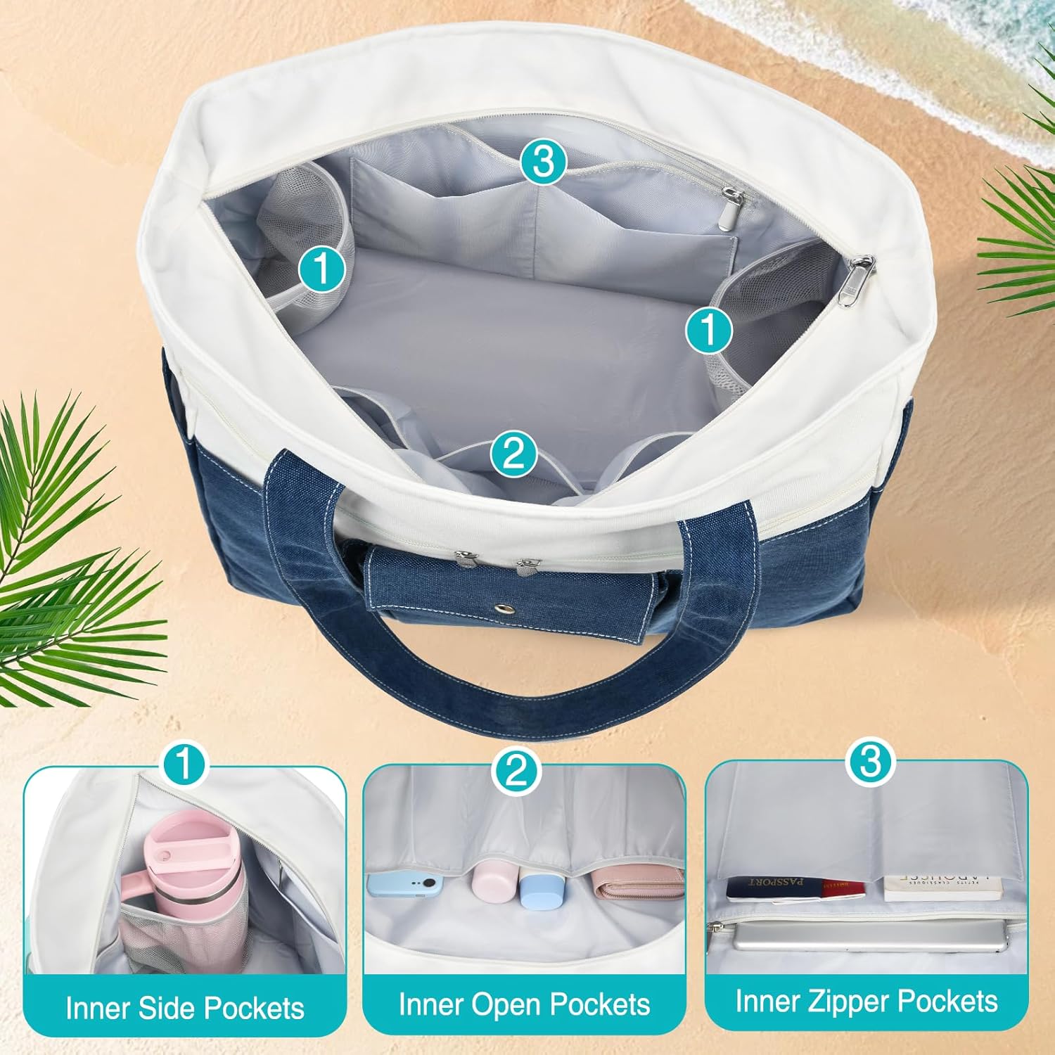 Beach Bags for Women Large Canvas Beach Tote with Zipper Wet Pocket, Waterproof Foldable Swim Pool Travel Tote Bags