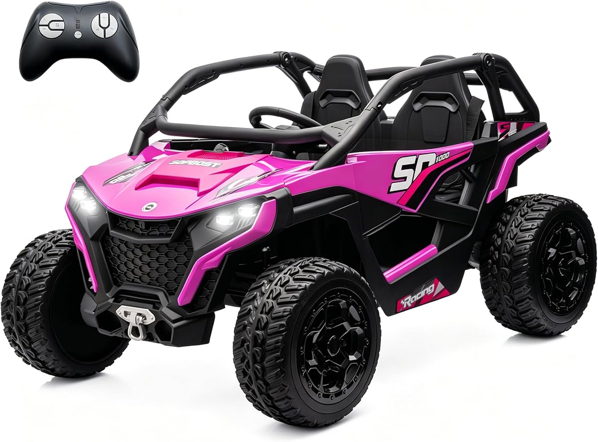 sopbost XL 24V Real 2 Seater Kids UTV Ride-On Car with Remote Control 4x4 4WD Electric Vehicle for Kids 3-8 to Drive, Bluetooth Music, 4 Spring Suspension, 21.85" Spacious Seat - Pink