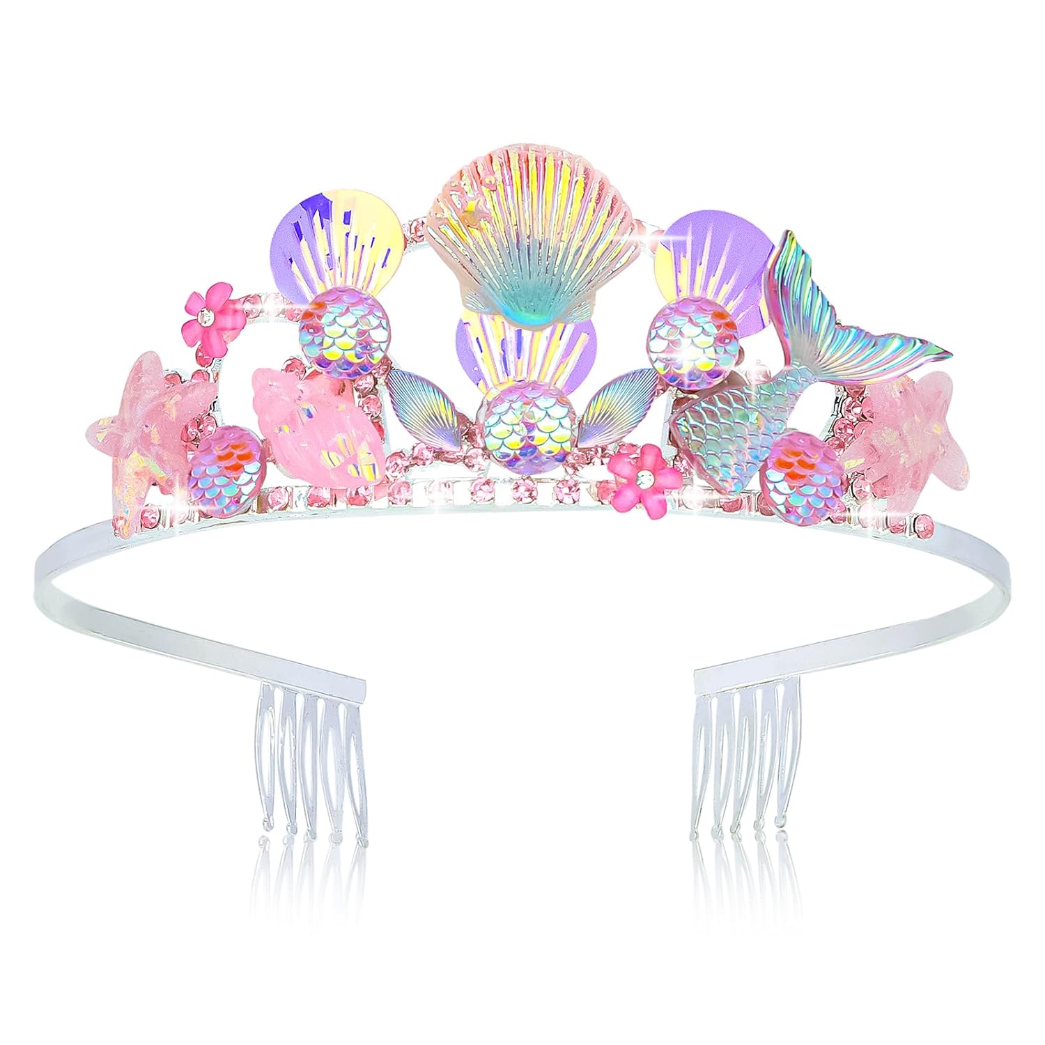 Wecoe Pink Mermaid Crown Birthday Fairy Crown Tiara Mermaid Party Decoration Birthday Party Favor Party Supplies Accessories Gift