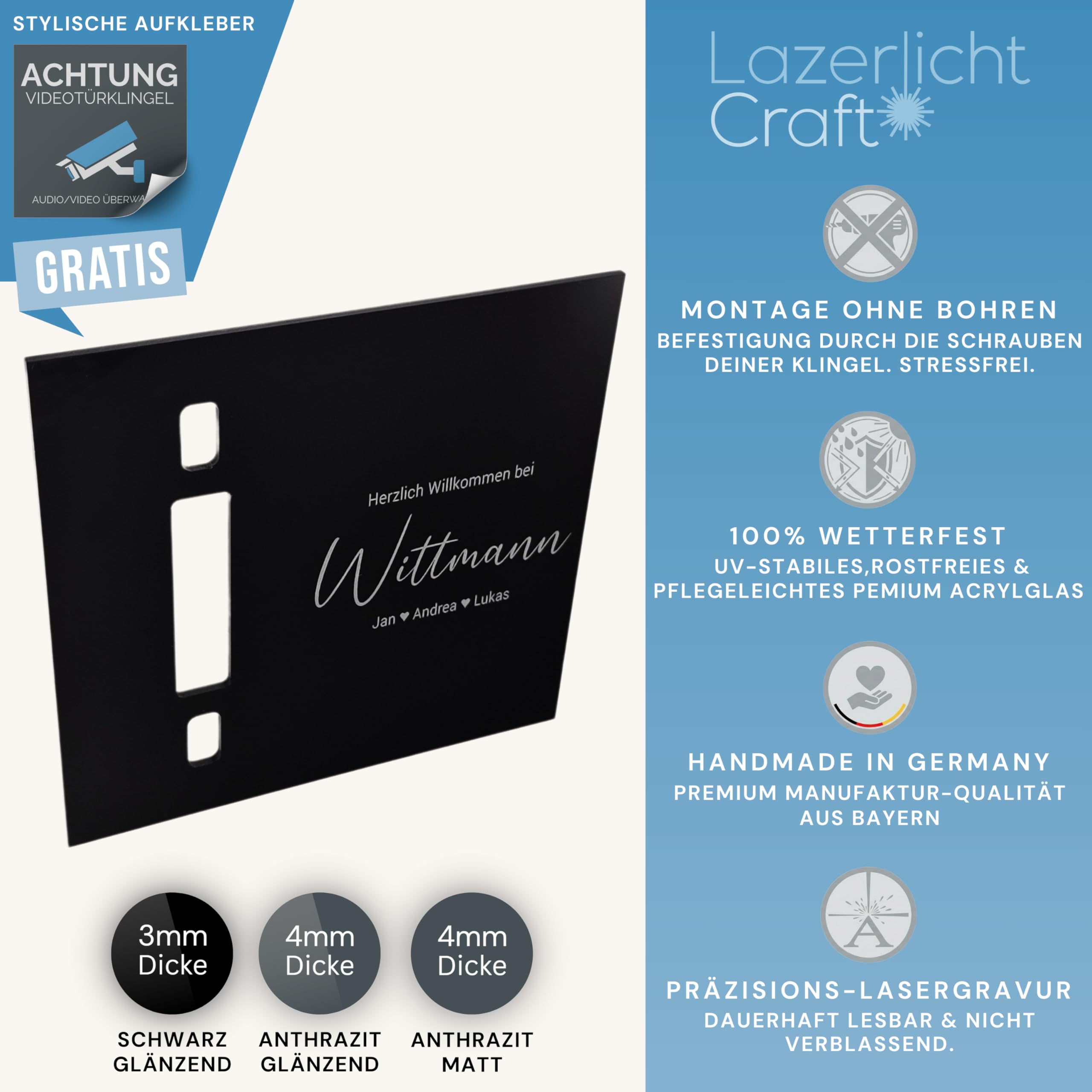 LazerlichtCraft Klingelschild für Aqara Video-Türklingel G4 und G410 personalisiert – Acrylglas Blende mit Wunschgravur – Schwarz glänzend oder Anthrazit matt – Türklingel Zubehör