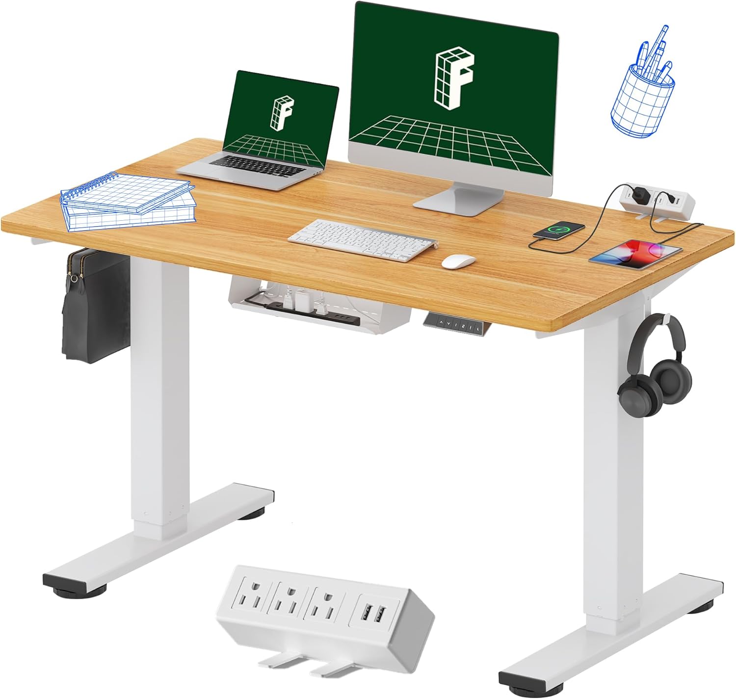 FLEXISPOT EN2 Whole-Piece Standing Desk with Clamp Power Strip, 48 x 24 Electric Height Adjustable Desk with Cable Management for Workstation (White Frame + 48" Maple Top)