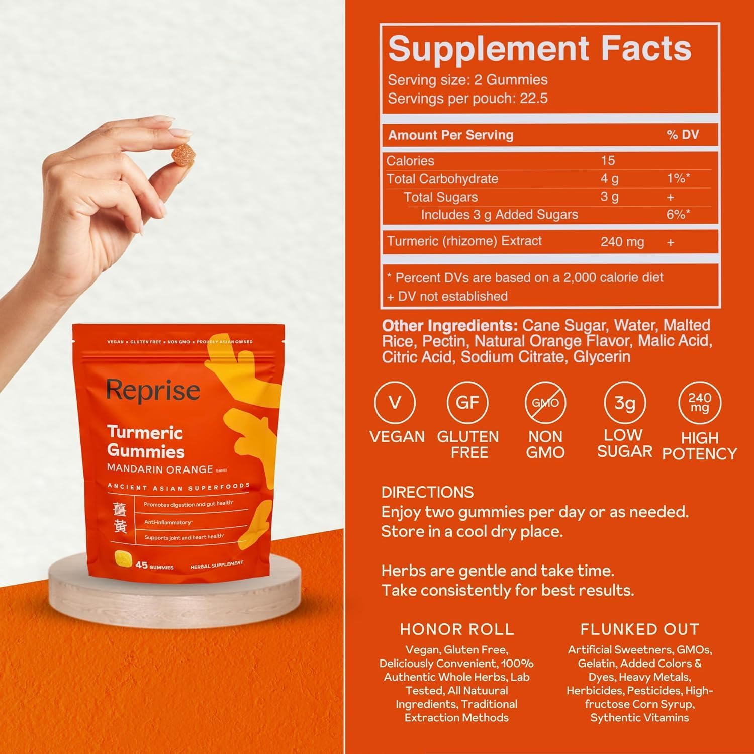 Turmeric Gummies for Women | Curcumin Supplement Gummies for Inflammation | Turmeric Supplement for Adults | Natural Curcumin, Low-Sugar, Vegan, Mandarin Orange Flavor, 45 Count (Pack of 3)
