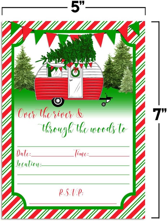 Christmas Camper with Evergreen Trees Holiday Party Invitations, 20 5"x7" Fill In Cards with Twenty White Envelopes by AmandaCreation