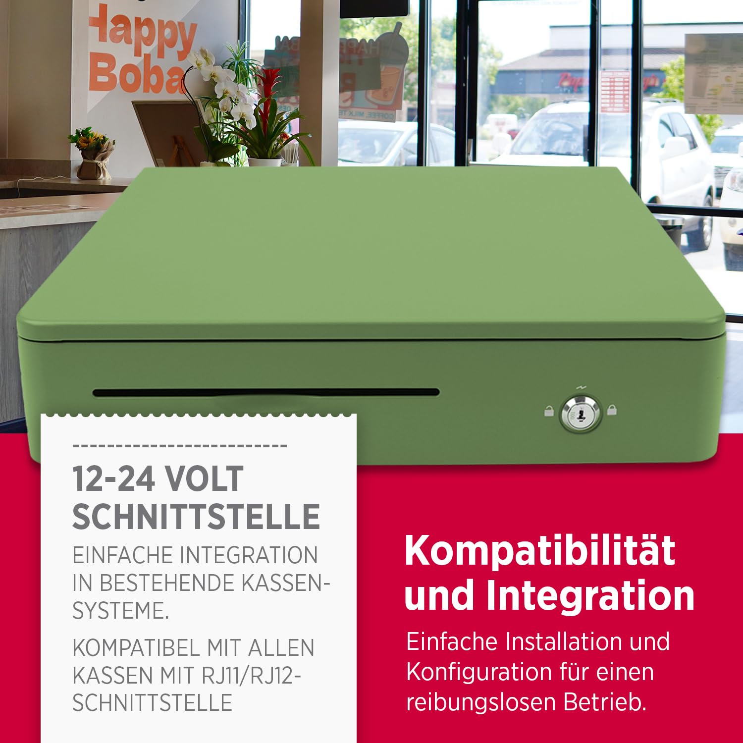 OLYMPIA M 405 Vert | Tiroir caisse avec 8 compartiments pour pièces et 4 compartiments à billets | Tiroir-caisse robuste en métal | Caisse enregistrable à commande électrique avec serrure et