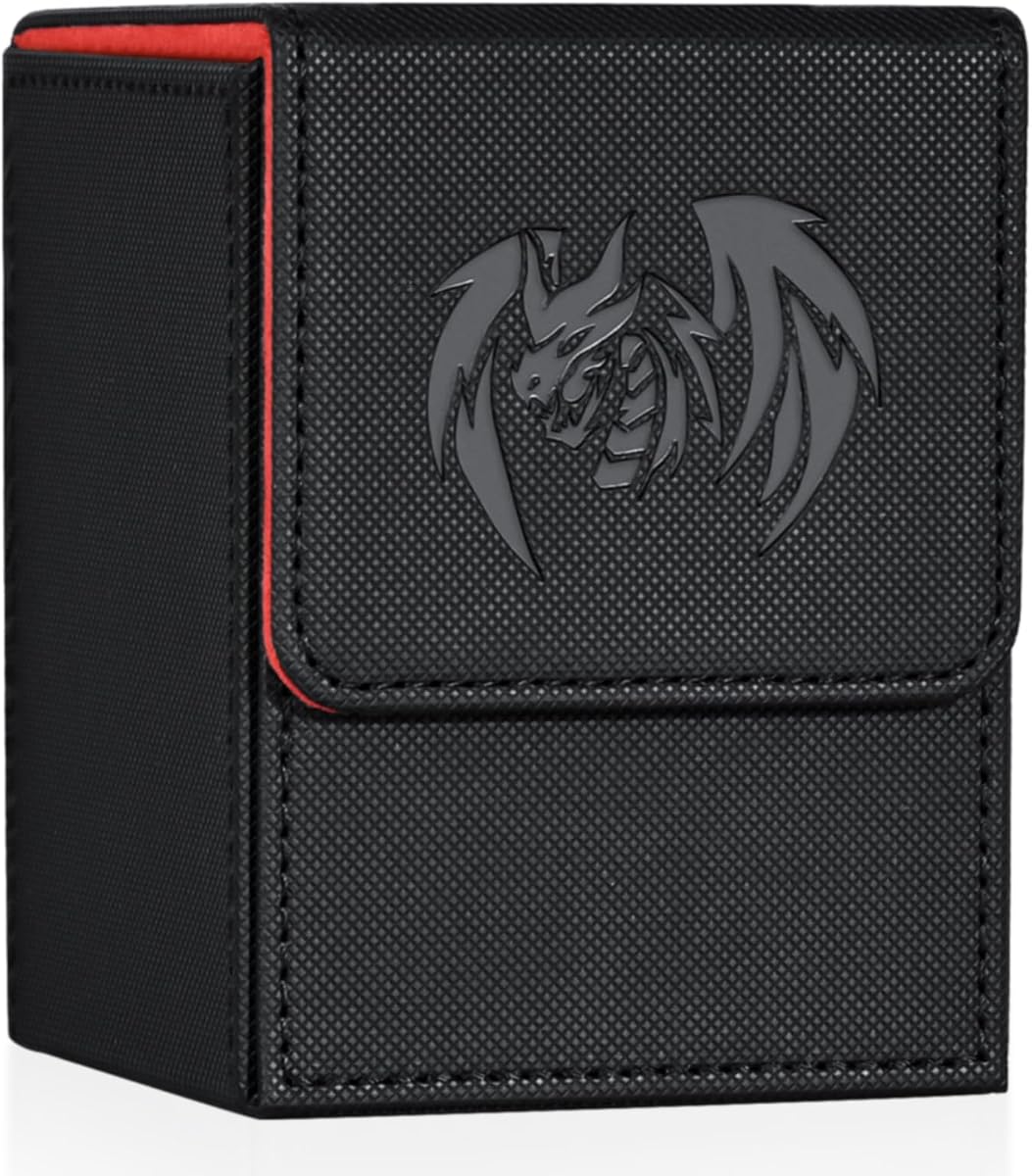 Card Deck Box for Yugioh MTG (Black & Red, Sky Dragon) | 100+ Deck Case with 2 Dividers, Fits TCG CCG PTCG, PU Leather Strong Magnet, Compatible with Magic Commander Trading Cards