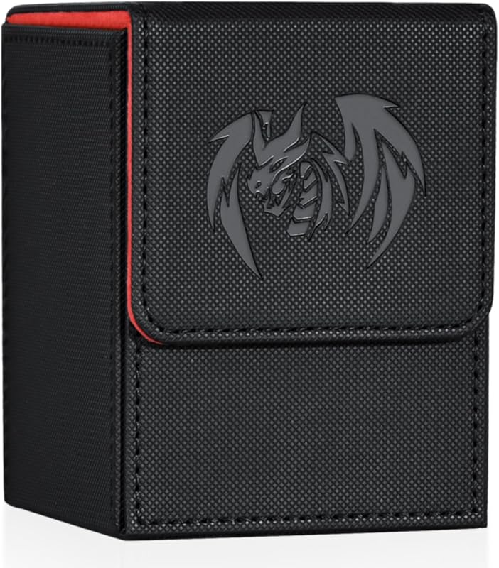 Card Deck Box for Yugioh MTG (Black & Red, Sky Dragon) | 100+ Deck Case with 2 Dividers, Fits TCG CCG PTCG, PU Leather Strong Magnet, Compatible with Magic Commander Trading Cards