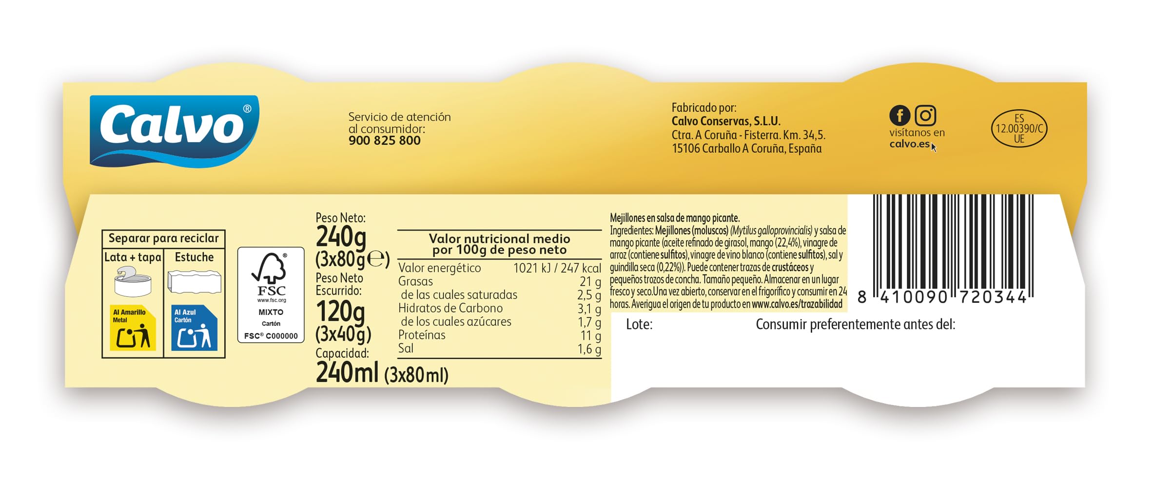 Calvo Mejillones en salsa de Mango picante Pack3 x 80g