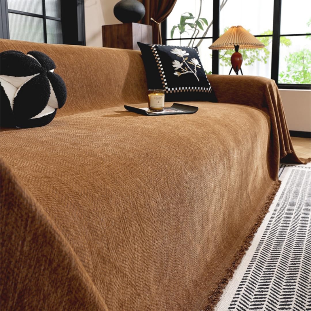 Highdi Chenille Sofa Throws Large Ersatile Soft Throw Blanket with Tassels, Solid Color Extra Large Throws for Settees Couch, Sofa, Bed, Armchair (Coffee,180x130cm)