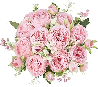 Mkono Peonies Artificial Flowers, Small Silk Flowers for Home Decor Indoor Fake Bouquet Faux Floral Arrangements Dining Table Centerpieces for Kitchen Party Decor Pink