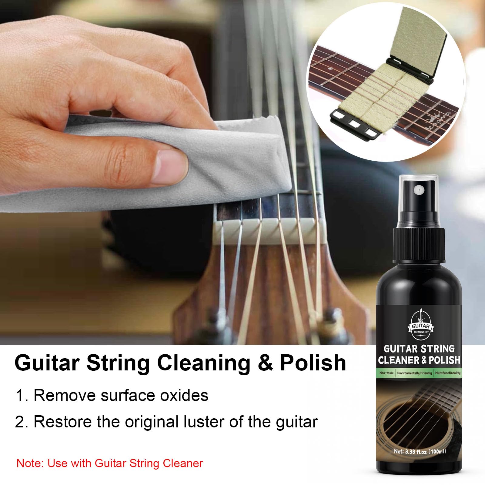 Kit de limpieza de guitarra, juego de mantenimiento profesional de 7 piezas con limpiador de guitarra, aceite de diapasón, cera de pulido, limpiador de cuerdas, cortador 3 en 1 y paño de