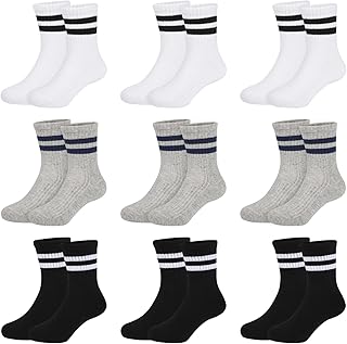 Auranso Children's Tennis Socks Boys Children's Socks Girls (9 Pairs) Cotton Sports Socks White Black Grey 27-30 31-34 35-38
