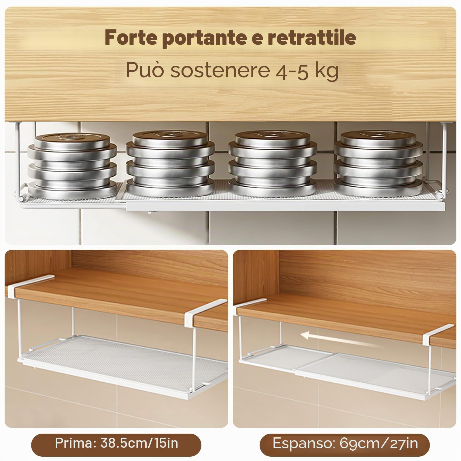 Cestello Sottoripiano, Cesto Portaoggetti da Appendere, Organizer Espandibile per Armadio Cestello Portaoggetti in Metallo Cesto Sotto Ripiano per Cucina, Ufficio, Dispensa, Bagno, Lavanderia