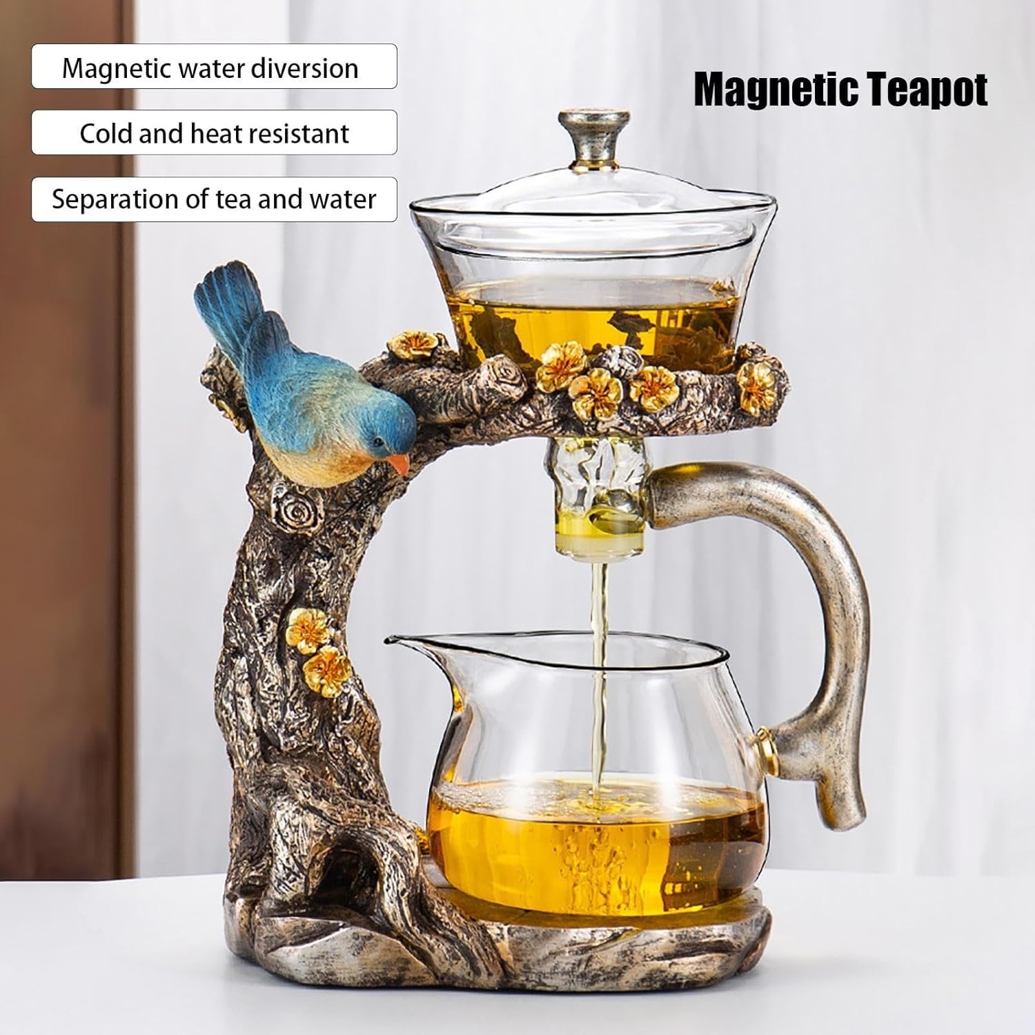 Juego de tetera magnética de cristal con infusor – Juego de té semiautomático de Kung Fu – Capacidad de 400 ml – Oro