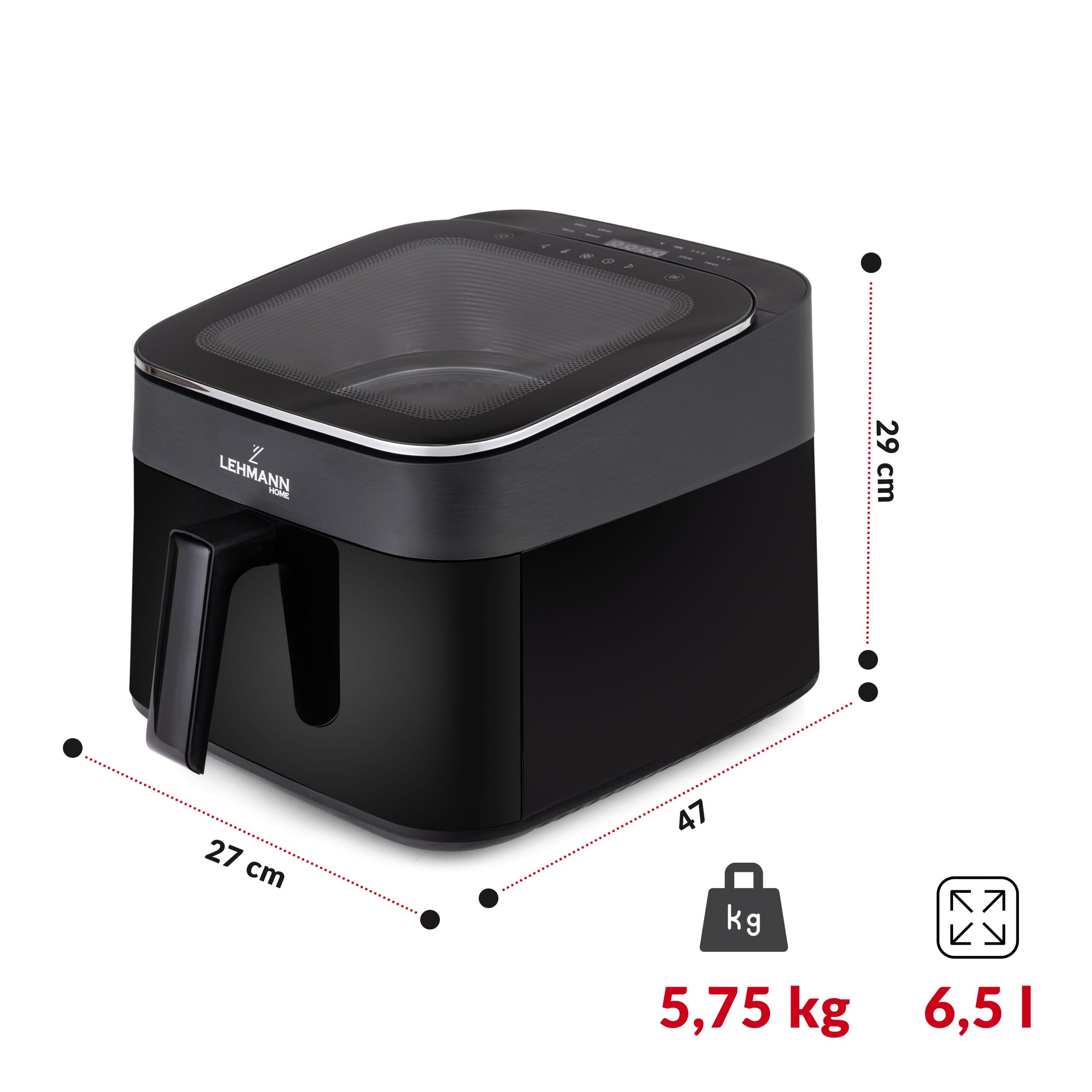 LEHMANN Friggitrice ad Aria XL 6,5L, Air Fryer con Finestra Panoramica Superiore e Illuminazione Interna, Display Touch, 12 Programmi, Promemoria di Agitazione, Griglie Lavabili in Lavastoviglie