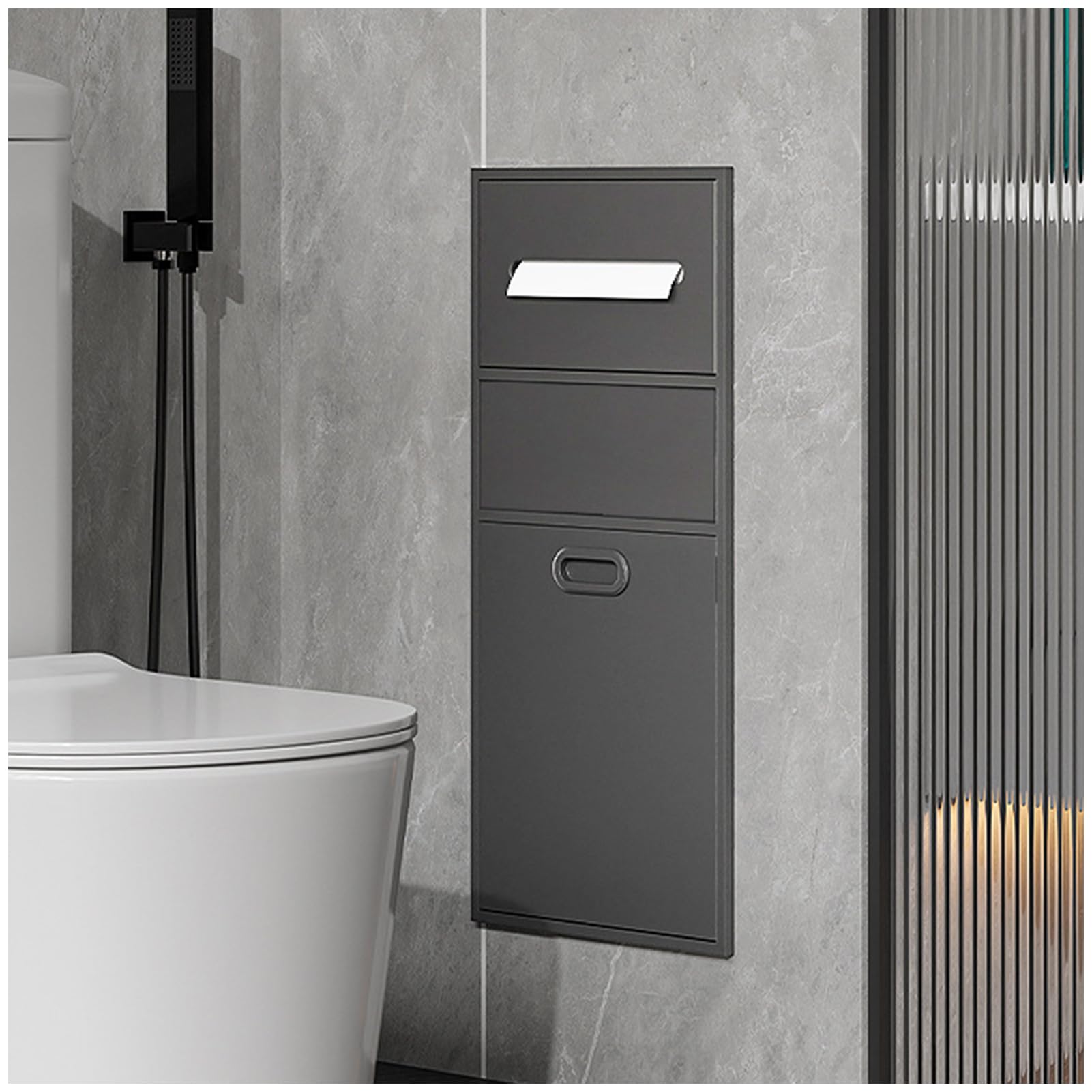 Étagère murale encastrée en inox gris pour une salle de bain épurée