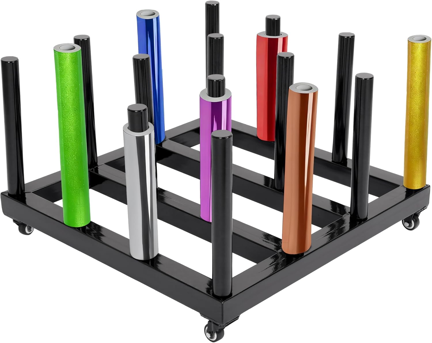 Vinyl Storage Rack Roll Holder - 16-Roll Heavy Duty Steel Media Rack Rolling Cart, 1200LBS Black Powder-Coated 27.3×27.4×16.9in