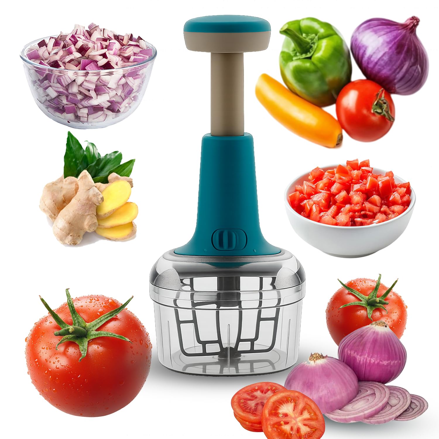 Kitchen-friendly push style onion chopper with ergonomic handle, lightweight material, and sharp blades for garlic and vegetable chopping.-image-45