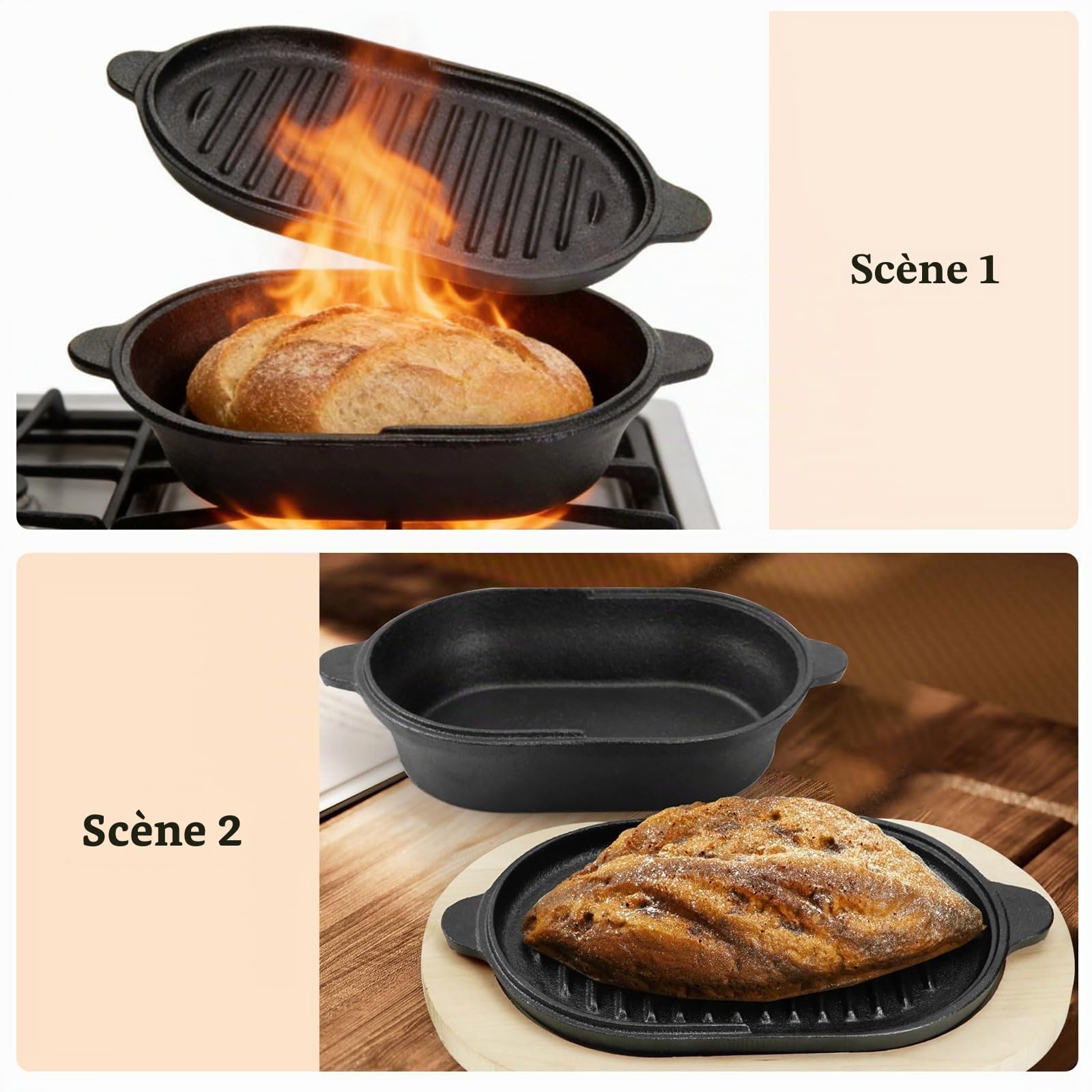Casserole 2 en 1 en Fonte Ovale 28 cm - Pour Cuisson à la Vapeur, Grill, Soupes et Pain - Four avec Couvercle Intégré