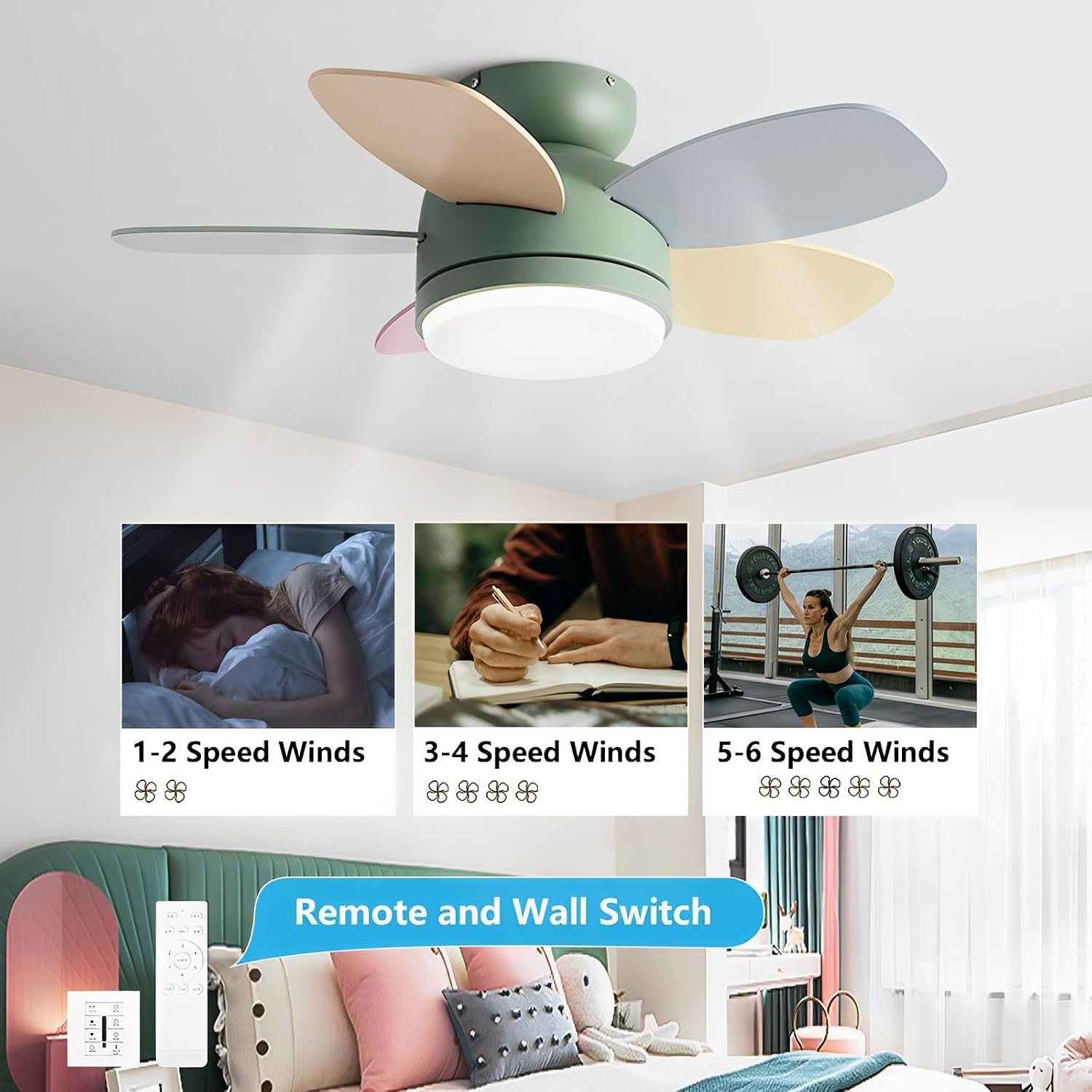 Nordic Indoor Ceiling Fans with Lights 6 Speed Quiet Ceiling Fan Colorful Blades Remote and Wall Switch Ceiling Fan with 48W LED Light for Bedroom Living Room