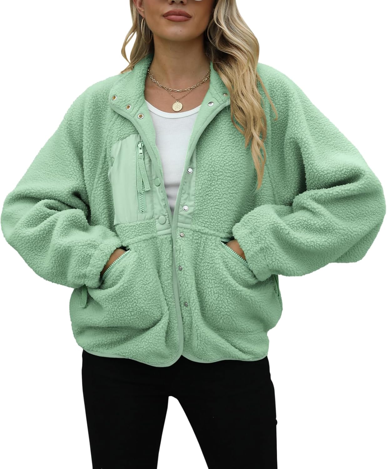 Yanekop Womens Fleece Jacket Fuzzy Long Sleeve Short Winter Coats Button Down Sherpa Jacket Outerwear with Pockets - Image 3