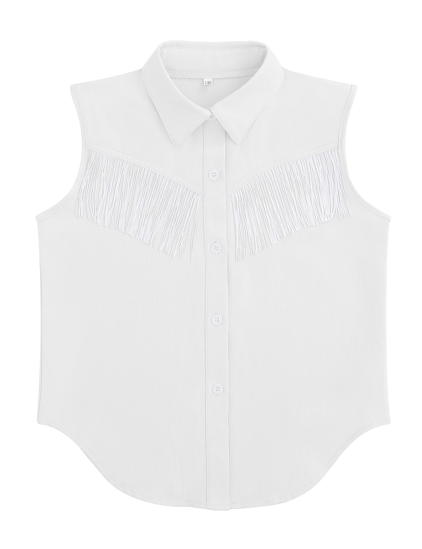 Girls Fringe Shirt Sleeveless Button Down Western Cowgirl Tassel Trim Casual Blouse Shirt Top 4-13Y