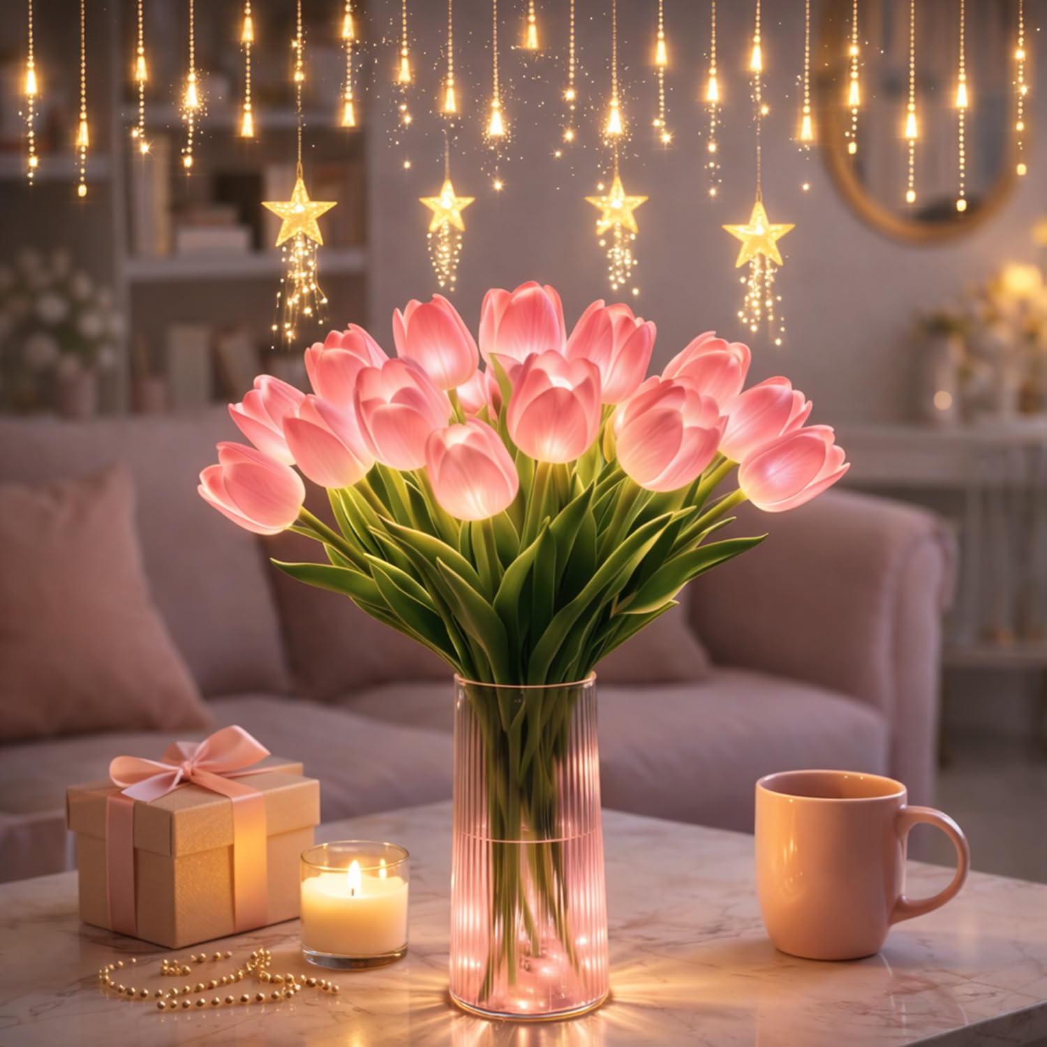 15PCS Radiant Romantic Tulip Light with a Vase, Flickering LED Artificial Flowers in a GlassVase, Never Fade Floral Lamp for Bedroom Living Room Decor, Mother’s Day Gift (Pink,with vase)