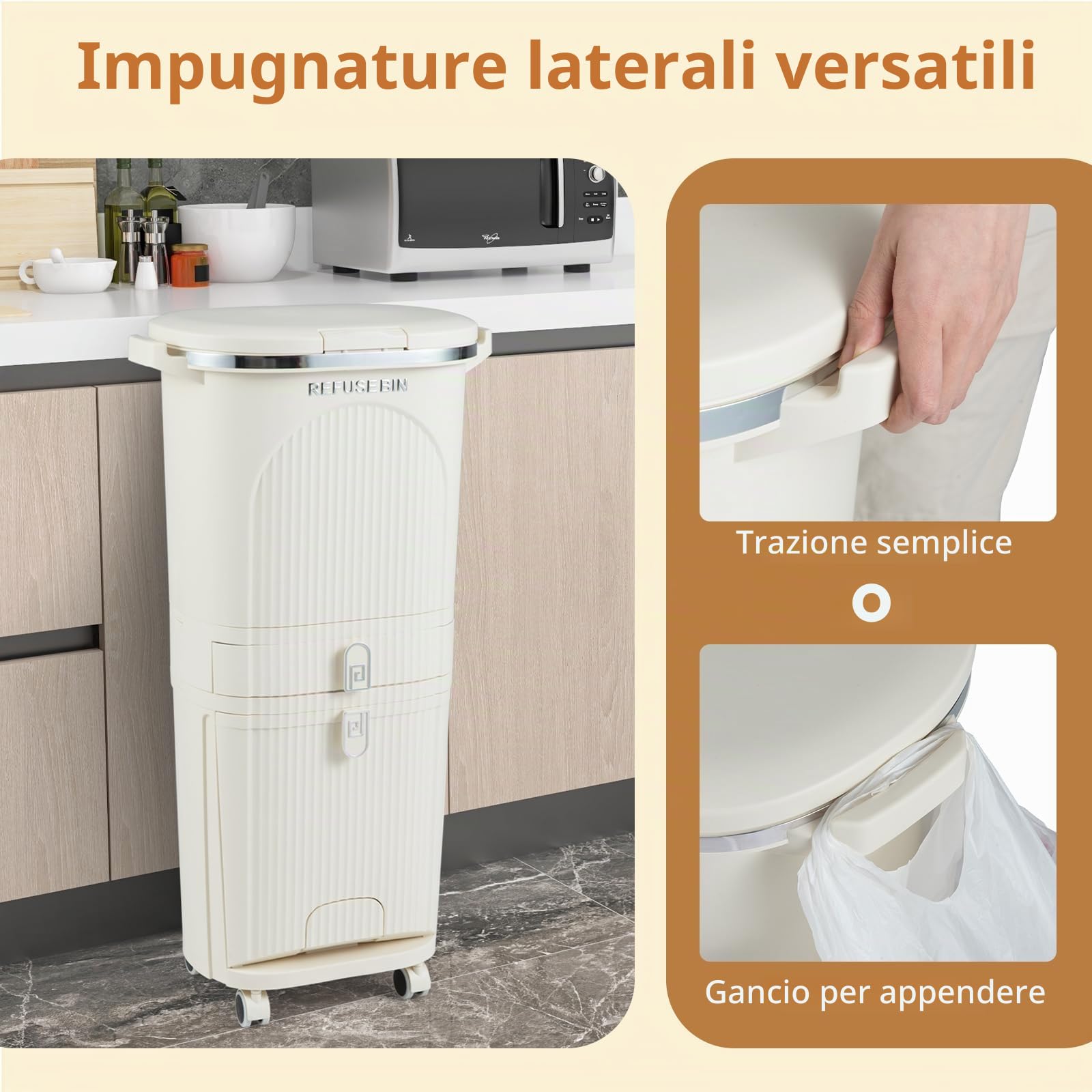 GIANTEX Pattumiera da cucina, 3 scomparti, 42 l, pattumiera con rotelle, pattumiera a pedale con pedale a piedi e maniglia, pattumiera da cucina in plastica, contenitore per rifiuti